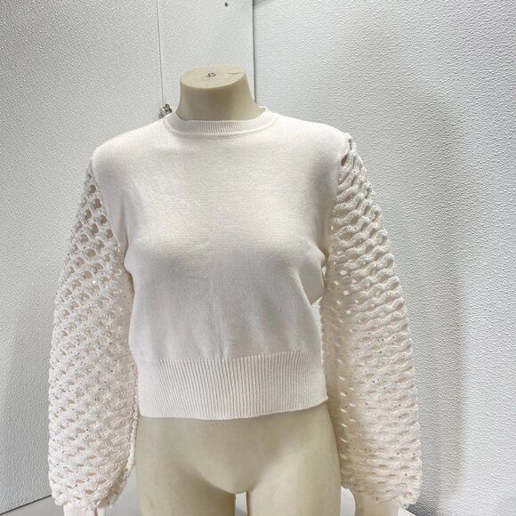 NEW MARIA PAVAN Womens Sequin Braided Long Sleeve Soft Sweater Size S White